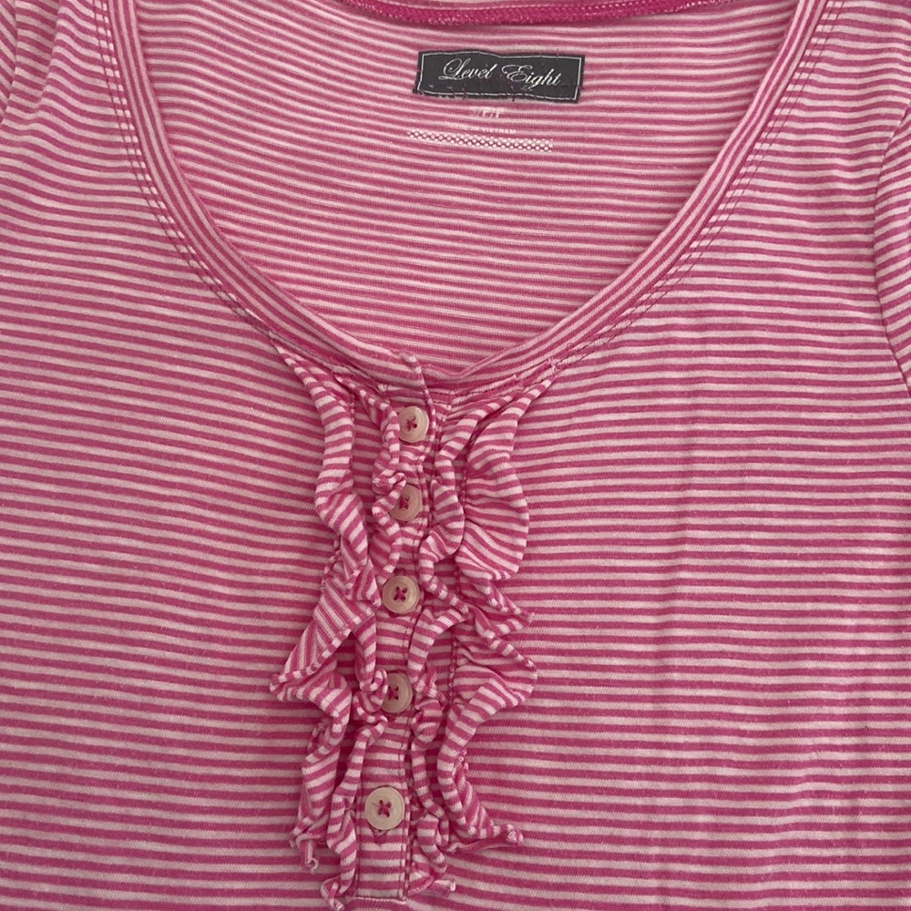 Long sleeve cotton stripe ruffle Henley scoop neck T-shirt Barbie Barbiecore - Picture 5 of 15